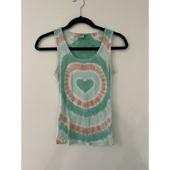 Guess Tops - Vtg Y2K Guess Jeans Tie Dye Tank Top Baby Tee Heart Bedazzled M Fitted Valentine
